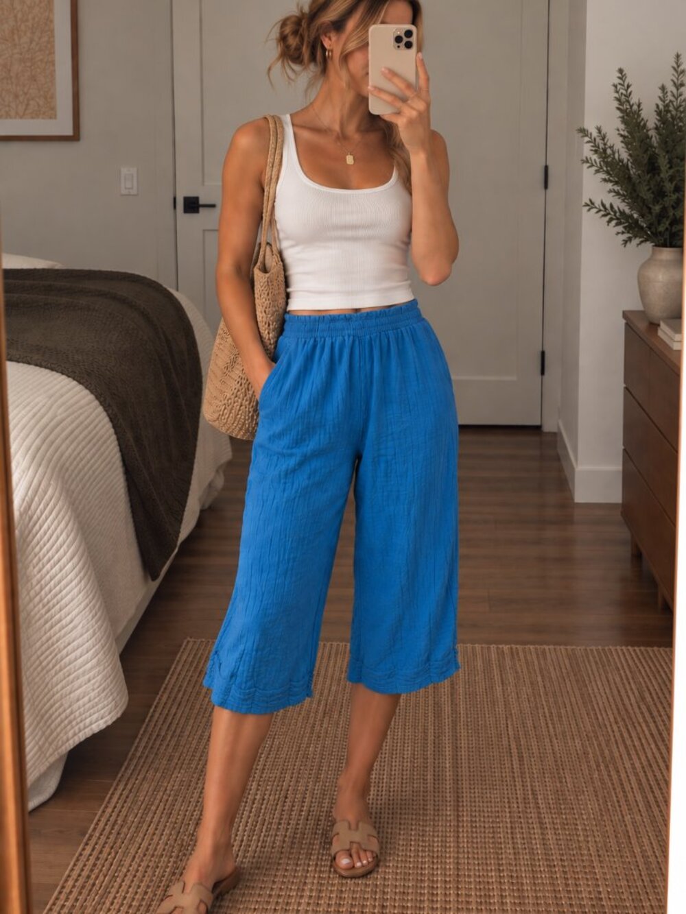 Blue Cotton Gauze Gaucho Pants Size 3 Wide Leg Cropped Boho